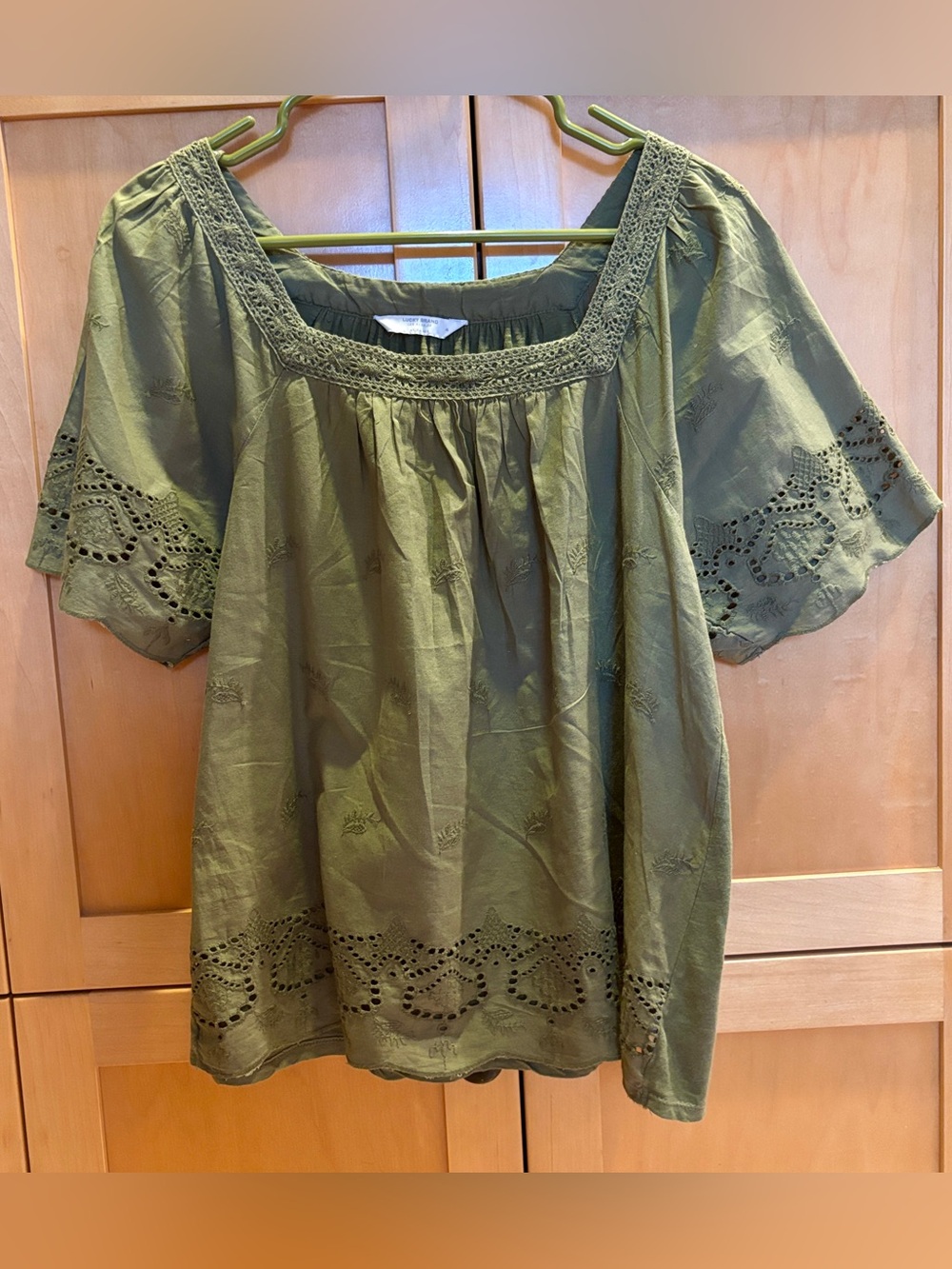 Lucky Brand Olive Green Eyelet & Embroidered Square-Neck Peasant Style Blouse - Picture 8 of 9